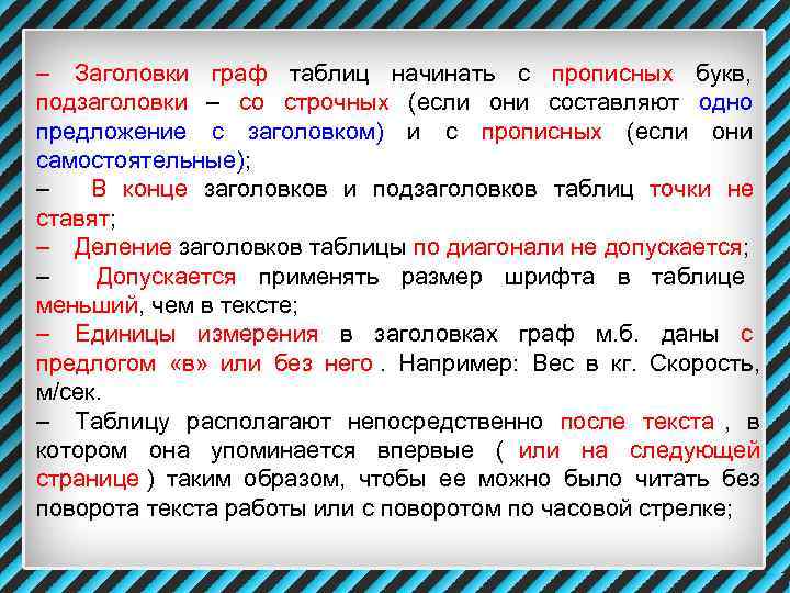 – Заголовки граф таблиц начинать с прописных букв,     подзаголовки –