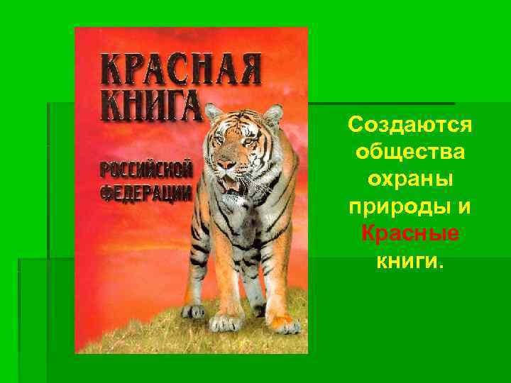 Создаются общества охраны природы и Красные  книги. 