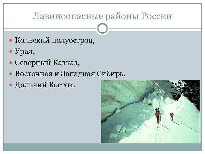  Лавиноопасные районы России  Кольский полуостров,  Урал,  Северный Кавказ,  Восточная