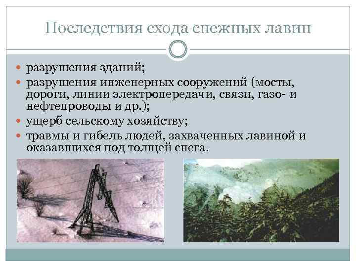   Последствия схода снежных лавин  разрушения зданий;  разрушения инженерных сооружений (мосты,