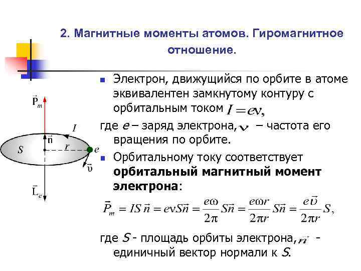 2. Магнитные моменты атомов. Гиромагнитное   отношение.  n Электрон, движущийся по орбите