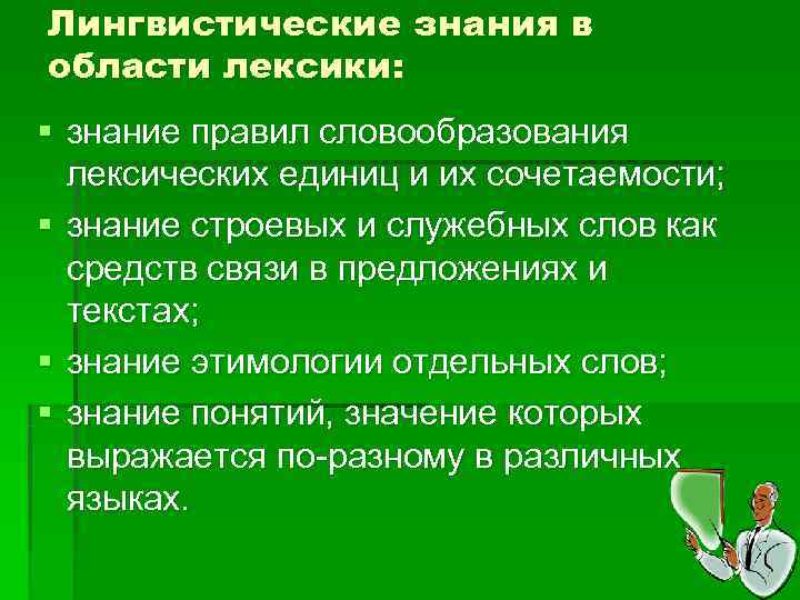 Лингвистические знания в области лексики: § знание правил словообразования  лексических единиц и их