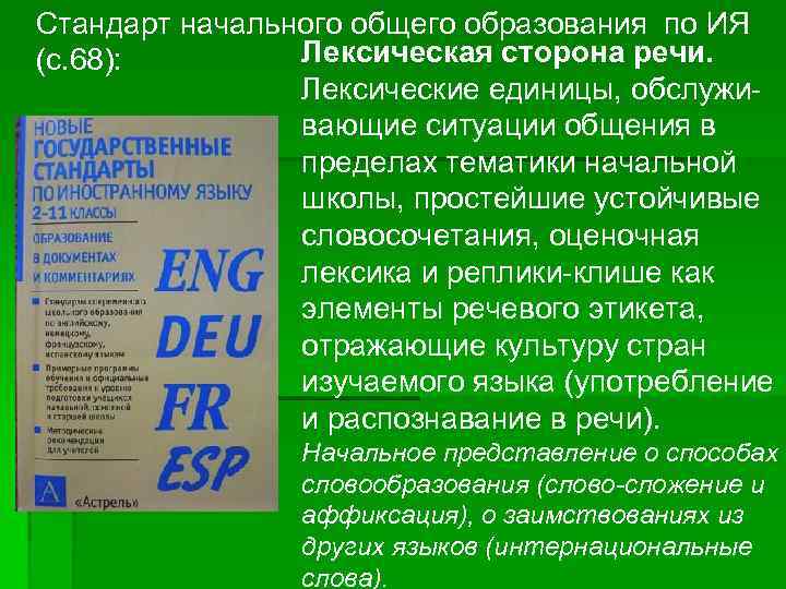 Стандарт начального общего образования по ИЯ (с. 68):   Лексическая сторона речи. 
