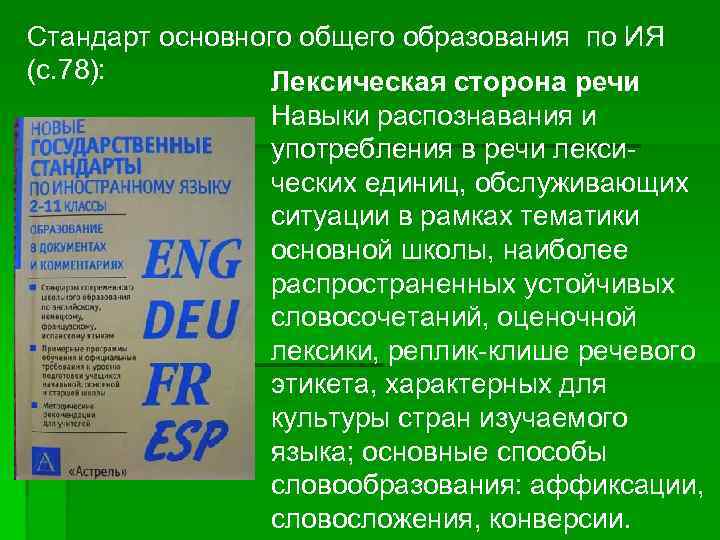 Стандарт основного общего образования по ИЯ (с. 78):  Лексическая сторона речи  