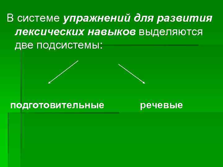 В системе упражнений для развития лексических навыков выделяются две подсистемы: подготовительные речевые 
