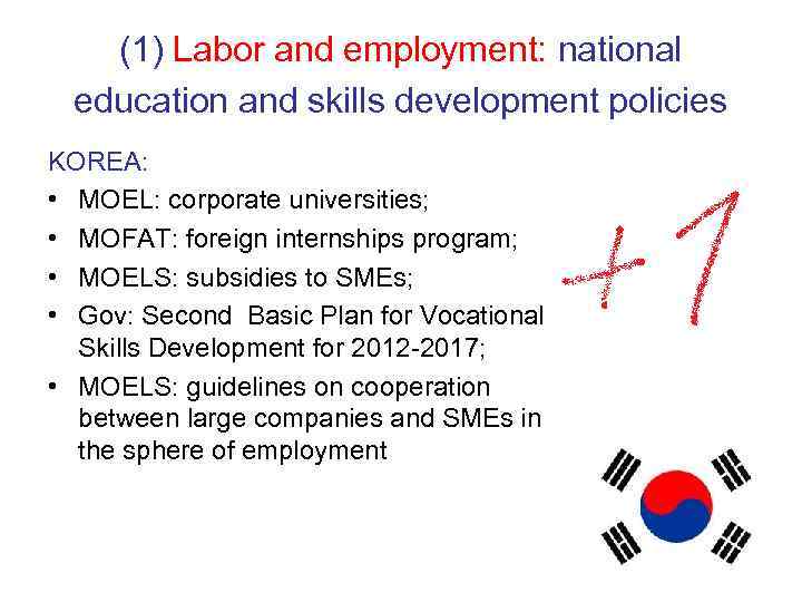  (1) Labor and employment: national  education and skills development policies KOREA: