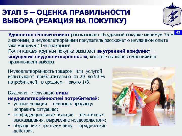 ЭТАП 5 – ОЦЕНКА ПРАВИЛЬНОСТИ ВЫБОРА (РЕАКЦИЯ НА ПОКУПКУ)     