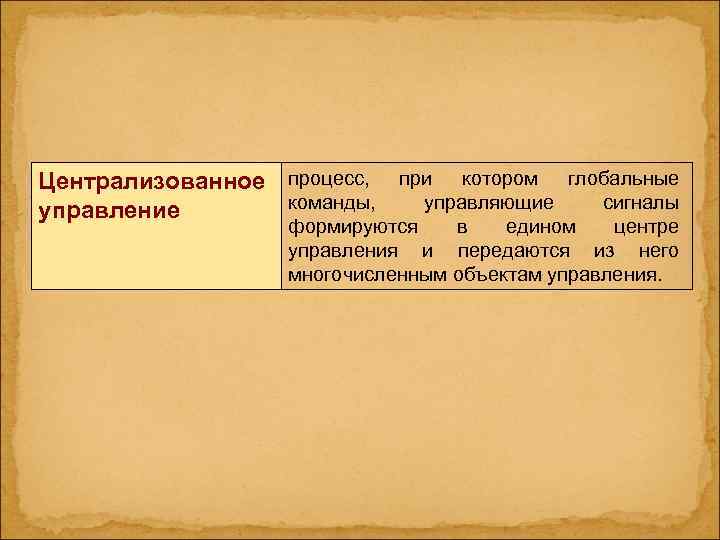 Централизованное процесс, при котором глобальные управление  команды,  управляющие сигналы   