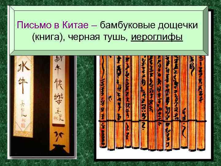 Письмо в Китае – бамбуковые дощечки (книга), черная тушь, иероглифы Письмо в Китае – бамбуковые дощечки (книга), черная тушь, иероглифы