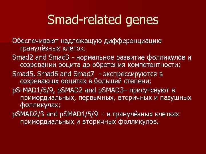    Smad related genes Обеспечивают надлежащую дифференциацию  гранулёзных клеток. Smad 2