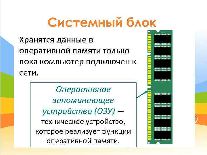  Системный блок Хранятся данные в оперативной памяти только пока компьютер подключен к сети.