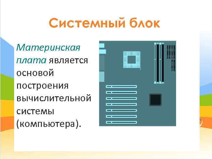  Системный блок Материнская плата является основой построения вычислительной системы (компьютера). 