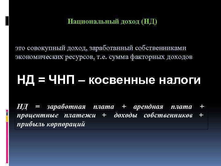 Национальный доход (НД) это совокупный доход, заработанный собственниками экономических Национальный доход (НД) это совокупный доход, заработанный собственниками экономических