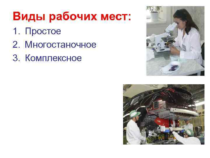 Виды рабочих мест: 1. Простое 2. Многостаночное 3. Комплексное 