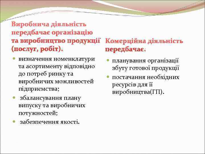 Виробнича діяльність передбачає організацію та виробництво продукції Комерційна діяльність (послуг, робіт):   передбачає: