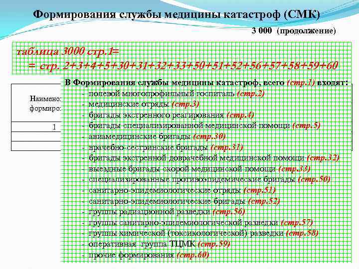  Формирования службы медицины катастроф (СМК) 3 000 (продолжение) таблица 3000 стр. 1= =