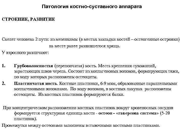 Патология костно-суставного аппарата СТРОЕНИЕ, РАЗВИТИЕ Скелет человека 2 пути: из мезенхимы (в местах закладки