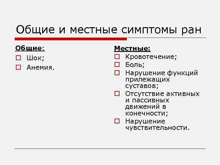 Общие и местные симптомы ран Общие: o Шок; o Анемия. Местные: o Кровотечение; o
