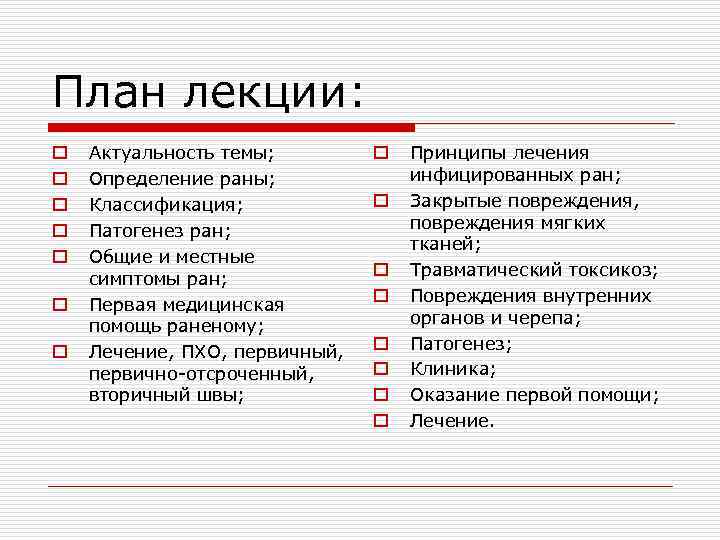 План лекции: o o o o Актуальность темы; Определение раны; Классификация; Патогенез ран; Общие