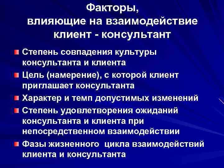 Факторы, влияющие на взаимодействие клиент - консультант Степень совпадения культуры консультанта и клиента Цель