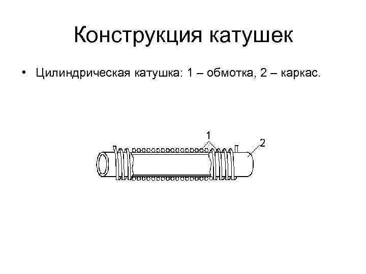 Конструкция катушек • Цилиндрическая катушка: 1 – обмотка, 2 – каркас. 