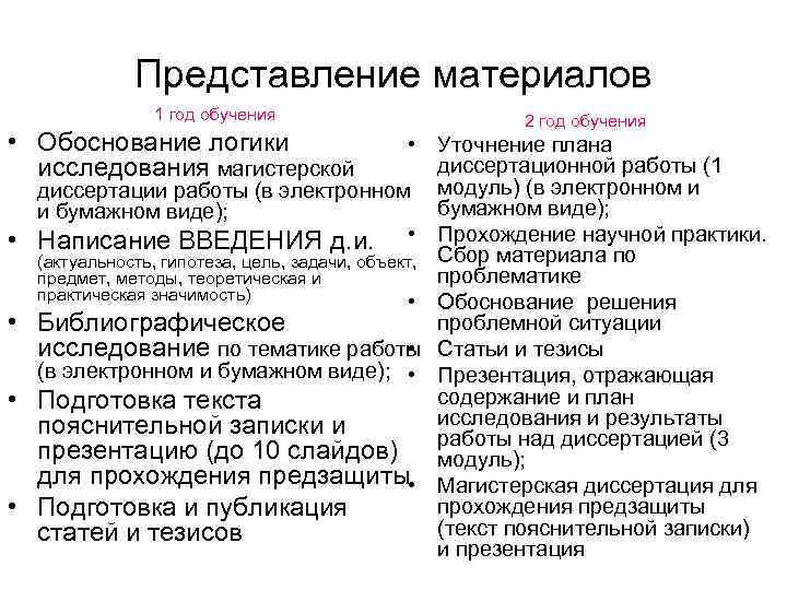 Представление материалов 1 год обучения • Обоснование логики исследования магистерской • • 2 год