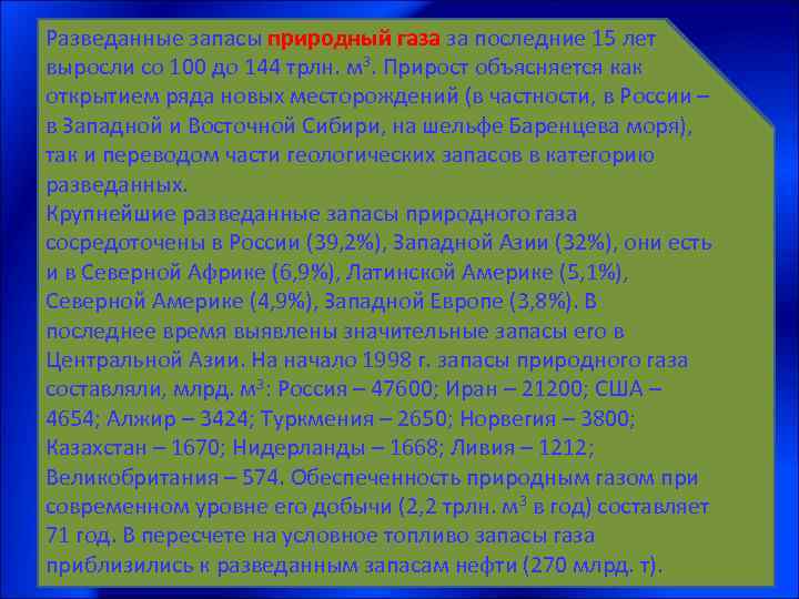 Разведанные запасы природный газа за последние 15 лет выросли со 100 до 144 трлн.
