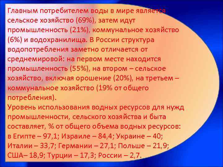 Главным потребителем воды в мире является сельское хозяйство (69%), затем идут промышленность (21%), коммунальное