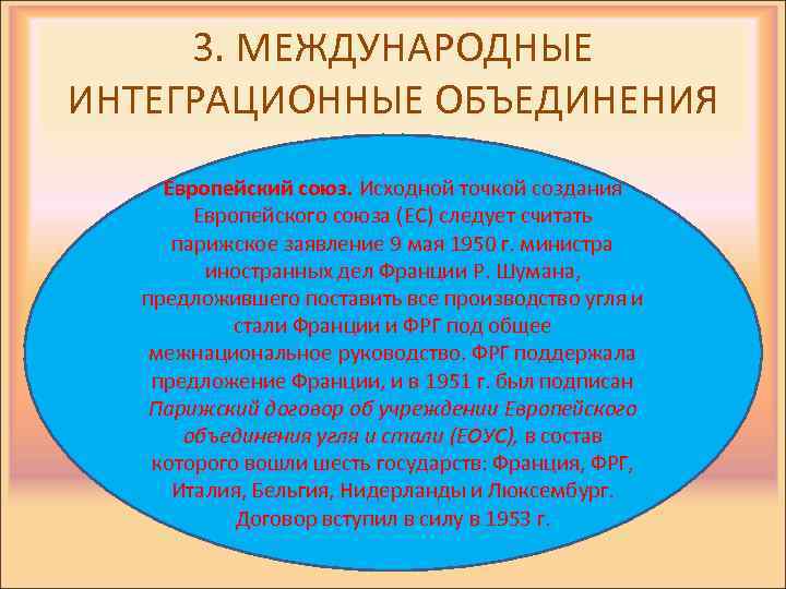 3. МЕЖДУНАРОДНЫЕ ИНТЕГРАЦИОННЫЕ ОБЪЕДИНЕНИЯ Европейский союз. Исходной точкой создания Европейского союза (ЕС) следует считать
