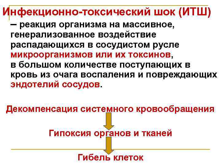 Инфекционно-токсический шок (ИТШ) – реакция организма на массивное, генерализованное воздействие распадающихся в сосудистом русле