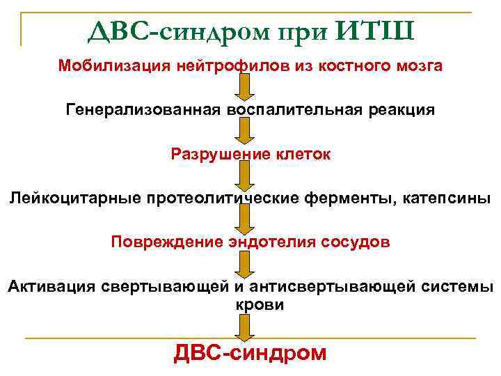 ДВС-синдром при ИТШ Мобилизация нейтрофилов из костного мозга Генерализованная воспалительная реакция Разрушение клеток Лейкоцитарные