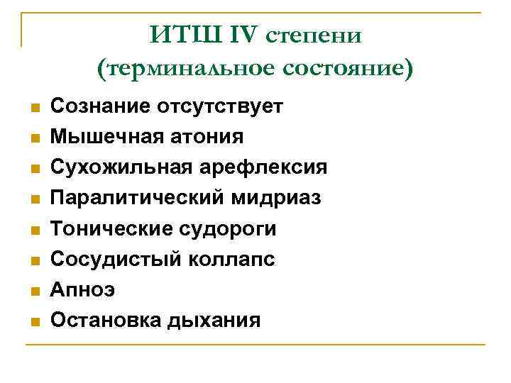 ИТШ IV степени (терминальное состояние) n n n n Сознание отсутствует Мышечная атония Сухожильная