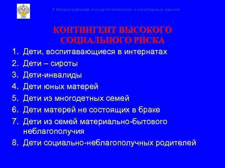 X Всероссийский съезд гигиенистов и санитарных врачей КОНТИНГЕНТ ВЫСОКОГО СОЦИАЛЬНОГО РИСКА 1. 2. 3.