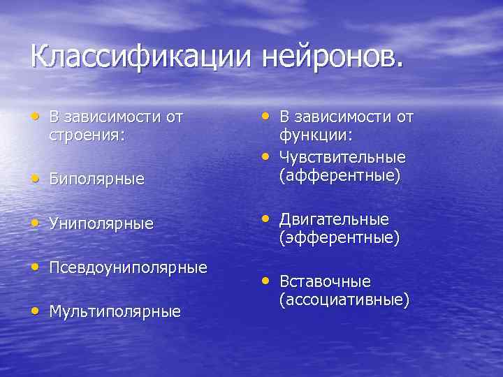 Классификации нейронов. • В зависимости от строения: • Биполярные • Униполярные • Псевдоуниполярные •