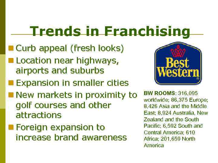 Trends in Franchising n Curb appeal (fresh looks) n Location near highways, airports and
