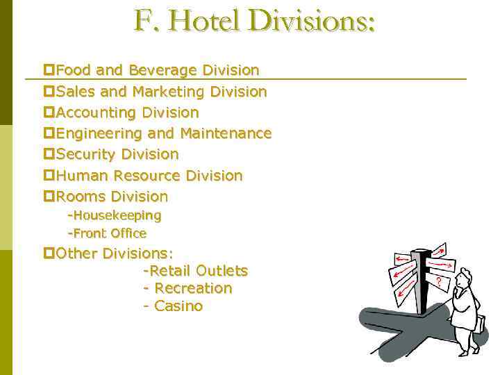 F. Hotel Divisions: p. Food and Beverage Division p. Sales and Marketing Division p.