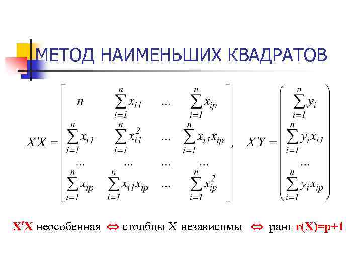 МЕТОД НАИМЕНЬШИХ КВАДРАТОВ X X неособенная столбцы Х независимы ранг r(X)=p+1 