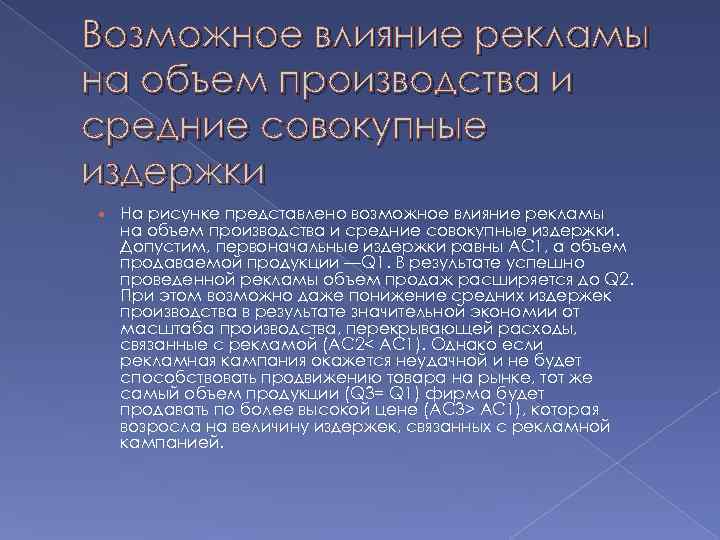 Возможное влияние рекламы на объем производства и средние совокупные издержки На рисунке представлено возможное