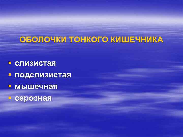 ОБОЛОЧКИ ТОНКОГО КИШЕЧНИКА § § слизистая подслизистая мышечная серозная 