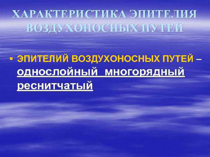 ХАРАКТЕРИСТИКА ЭПИТЕЛИЯ ВОЗДУХОНОСНЫХ ПУТЕЙ § ЭПИТЕЛИЙ ВОЗДУХОНОСНЫХ ПУТЕЙ – однослойный многорядный реснитчатый 