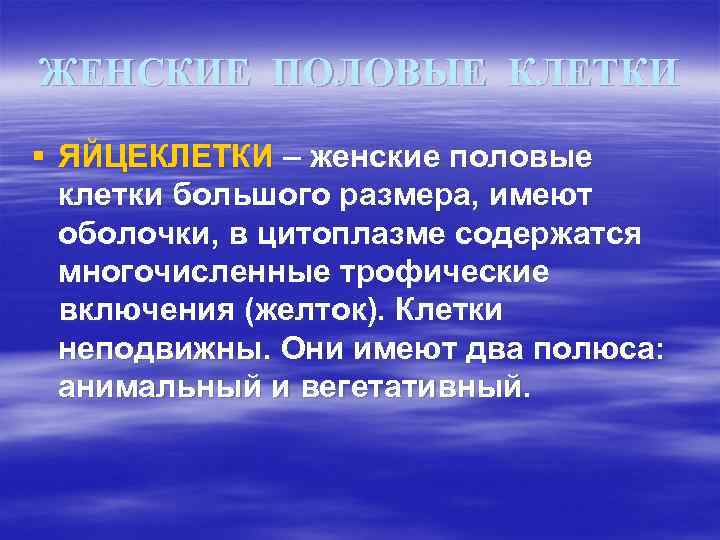 ЖЕНСКИЕ ПОЛОВЫЕ КЛЕТКИ § ЯЙЦЕКЛЕТКИ – женские половые клетки большого размера, имеют оболочки, в