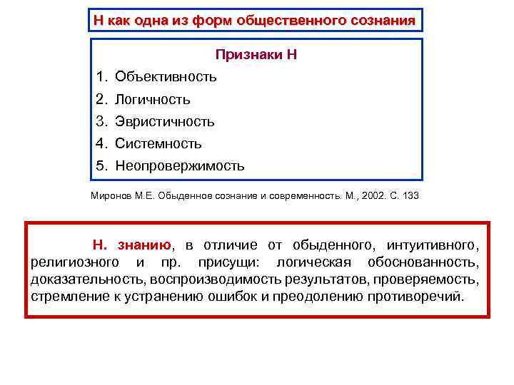 Н как одна из форм общественного сознания Признаки Н 1. Объективность 2. Логичность 3.