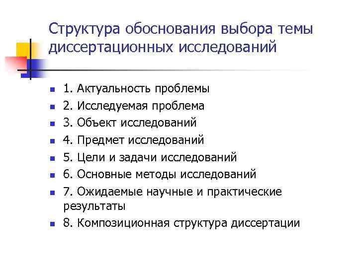 Структура обоснования выбора темы диссертационных исследований n n n n 1. Актуальность проблемы 2.