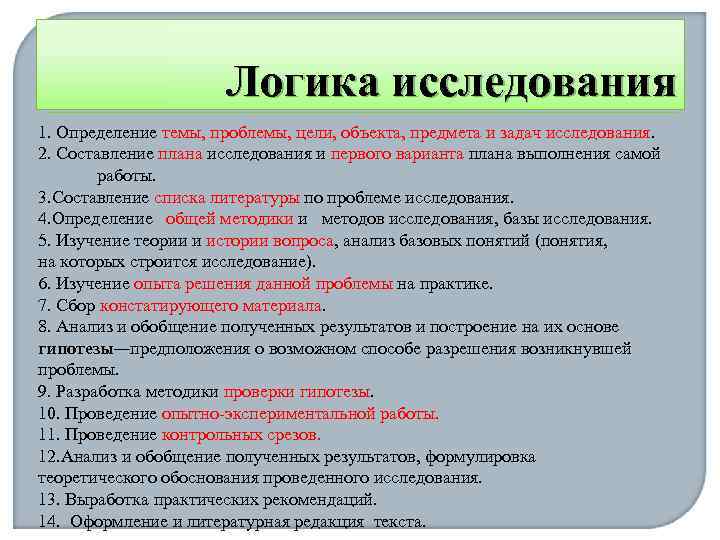  Логика исследования 1. Определение темы, проблемы, цели, объекта, предмета и задач исследования. 2.