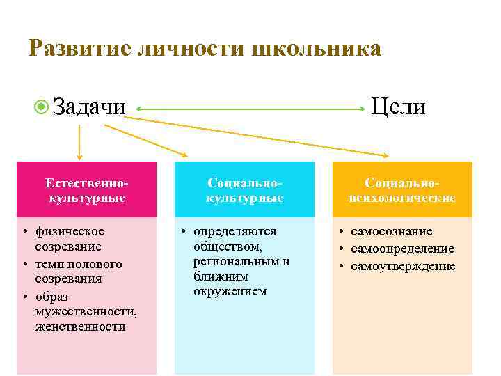 Развитие личности школьника Задачи Цели Естественнокультурные • физическое созревание • темп полового созревания •