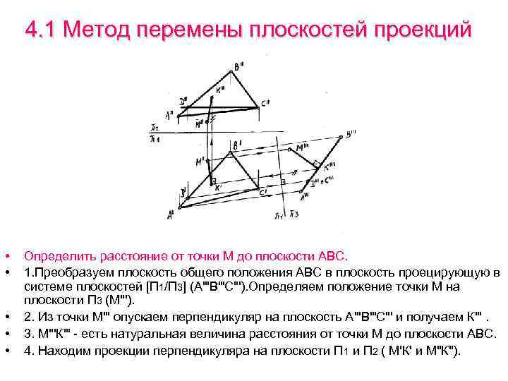 4. 1 Метод перемены плоскостей проекций • • • Определить расстояние от точки М