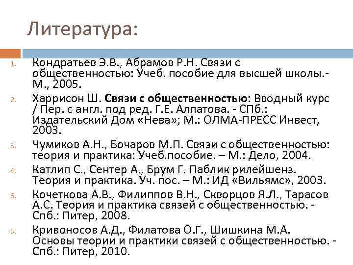 Литература: 1. 2. 3. 4. 5. 6. Кондратьев Э. В. , Абрамов Р. Н.