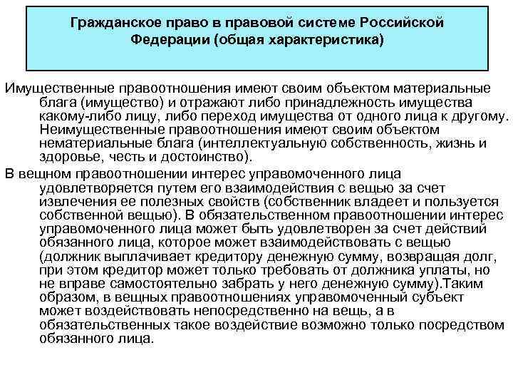 Гражданское право в правовой системе Российской Федерации (общая характеристика) Имущественные правоотношения имеют своим объектом