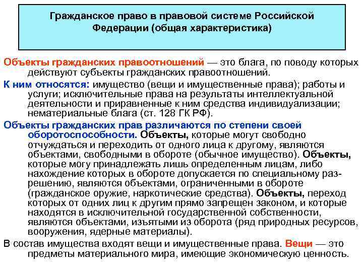 Гражданское право в правовой системе Российской Федерации (общая характеристика) Объекты гражданских правоотношений — это