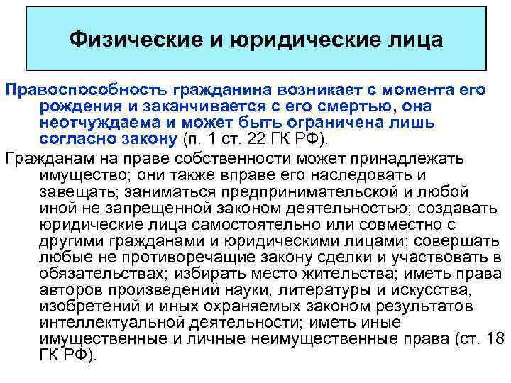 Физические и юридические лица Правоспособность гражданина возникает с момента его рождения и заканчивается с